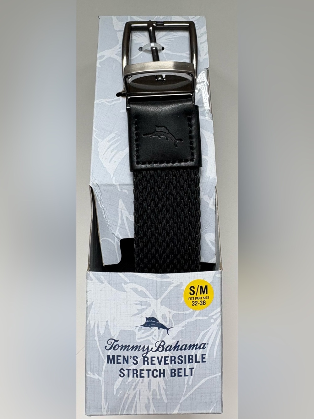 Tommy Bahama Black Stretch Web Belt with Embossed Marlin
